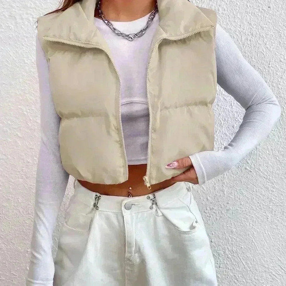 Casual Women's Zipper Front Vest Puffer Khaki Coat - Picture 1 of 4